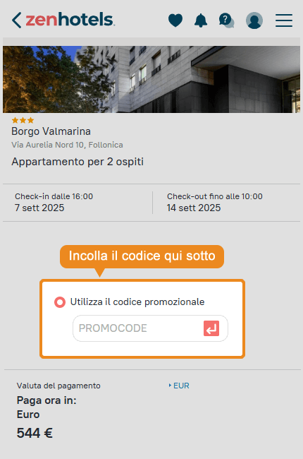 Dove inserire il codice sconto ZenHotels