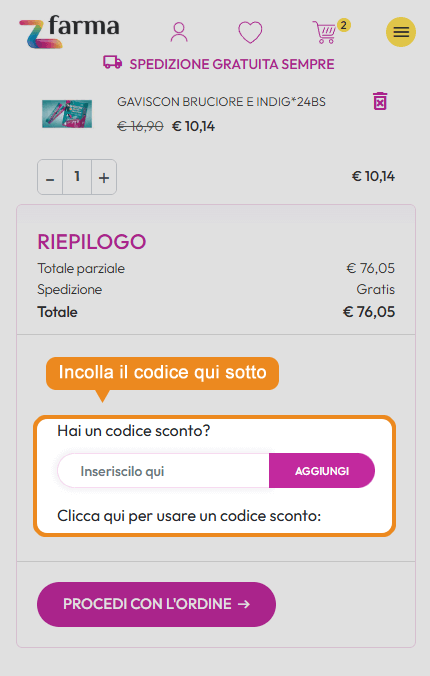 Dove inserire il codice sconto Zfarma