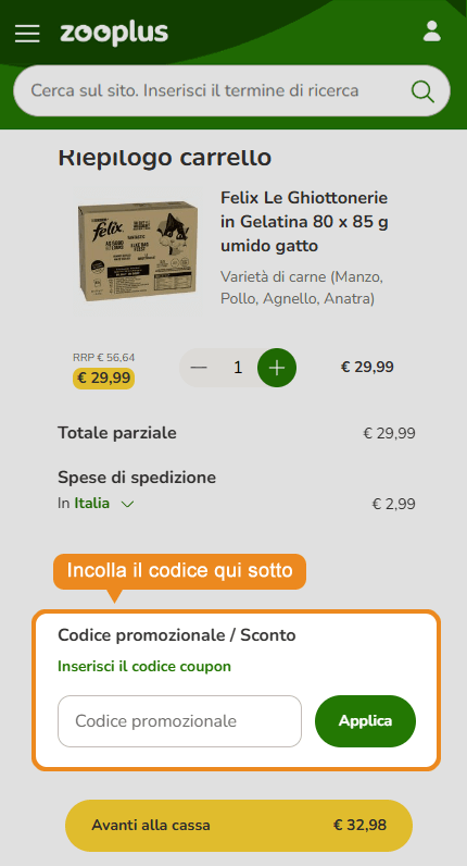 Dove inserire il codice sconto Zooplus