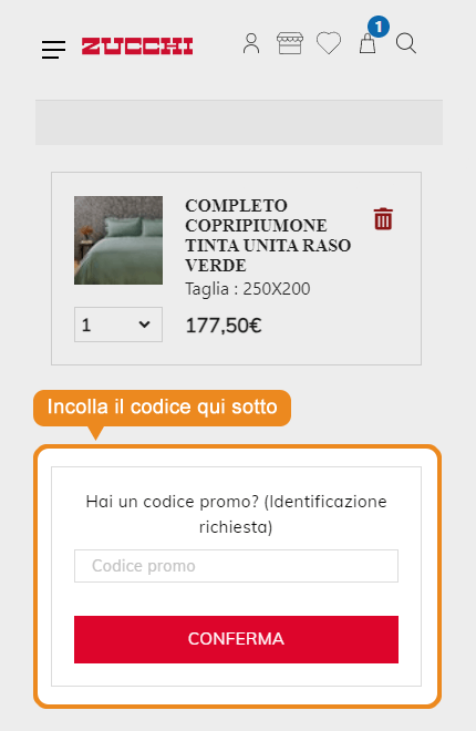 Dove inserire il codice sconto Zucchi