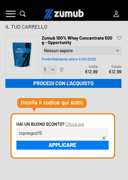 Dove inserire il codice sconto Zumub