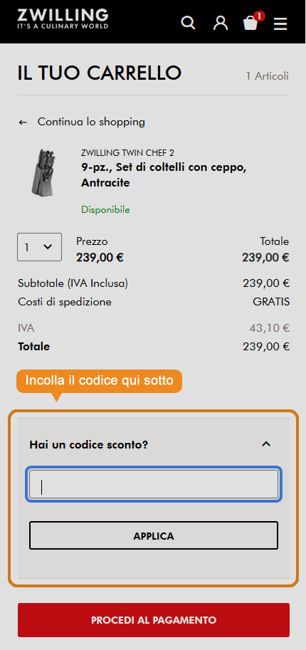 Dove inserire il codice sconto Zwilling